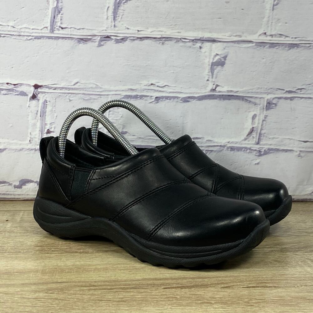 LL Bean Black Leather Comfort Mocs Women's Size 7 Slip On Clogs Shoes